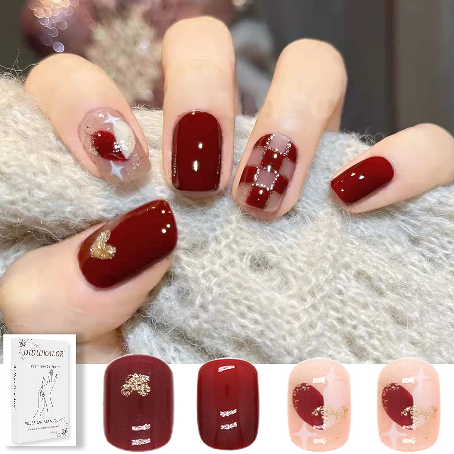 Square Press On Nails Short Oval, Red Color Heart Fake Nails with Nail Glue  and Jelly Gel, Acrylic False Nails for Women Girls Trendy Luxury Charms uñas  acrilicas con diseños decoradas 