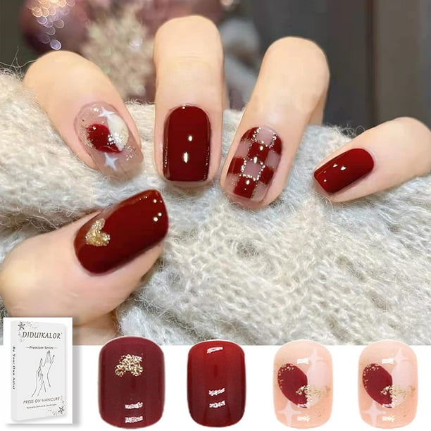 Square Press On Nails Short Oval, Red Color Heart Fake Nails with Nail Glue  and Jelly Gel, Acrylic False Nails for Women Girls Trendy Luxury Charms  uñas acrilicas con diseños decoradas -