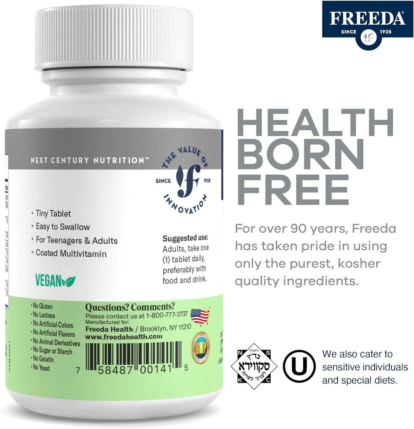 Freeda Multivitamin for Women and Men with Vitamin B1, B2, B6, B12, Folic Acid, and More, 100 Tablets