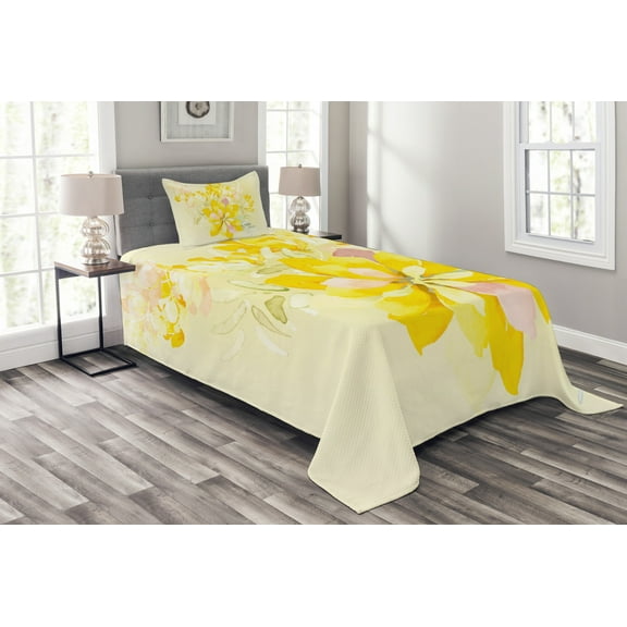 Ambesonne Country Quilted Bedspread Set 2 Pcs, Romantic Yellow Flowers, Twin Size, Multicolor