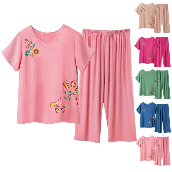YHAJDS Womens Sleepwear Set Pajama Set for Women 2 Piece Shorts Linen Print Short Sleeve Tee Pants Set
