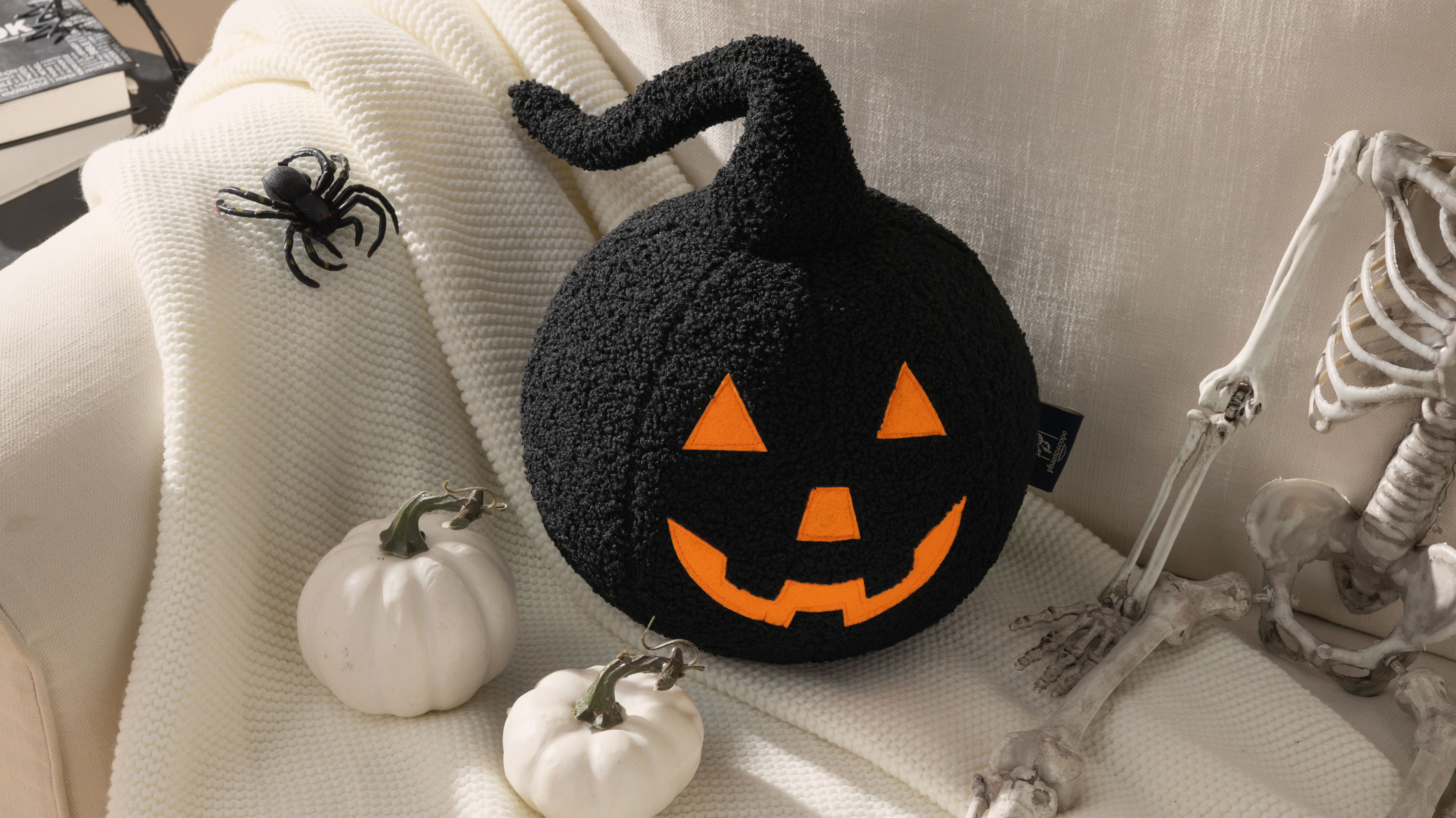 Phantoscope Halloween Pumpkin Shaped Throw Pillow, Jack-o’-Lantern Face, Soft Teddy Fleece Decorative Pillow, Black, 9.5 x 9.5 in