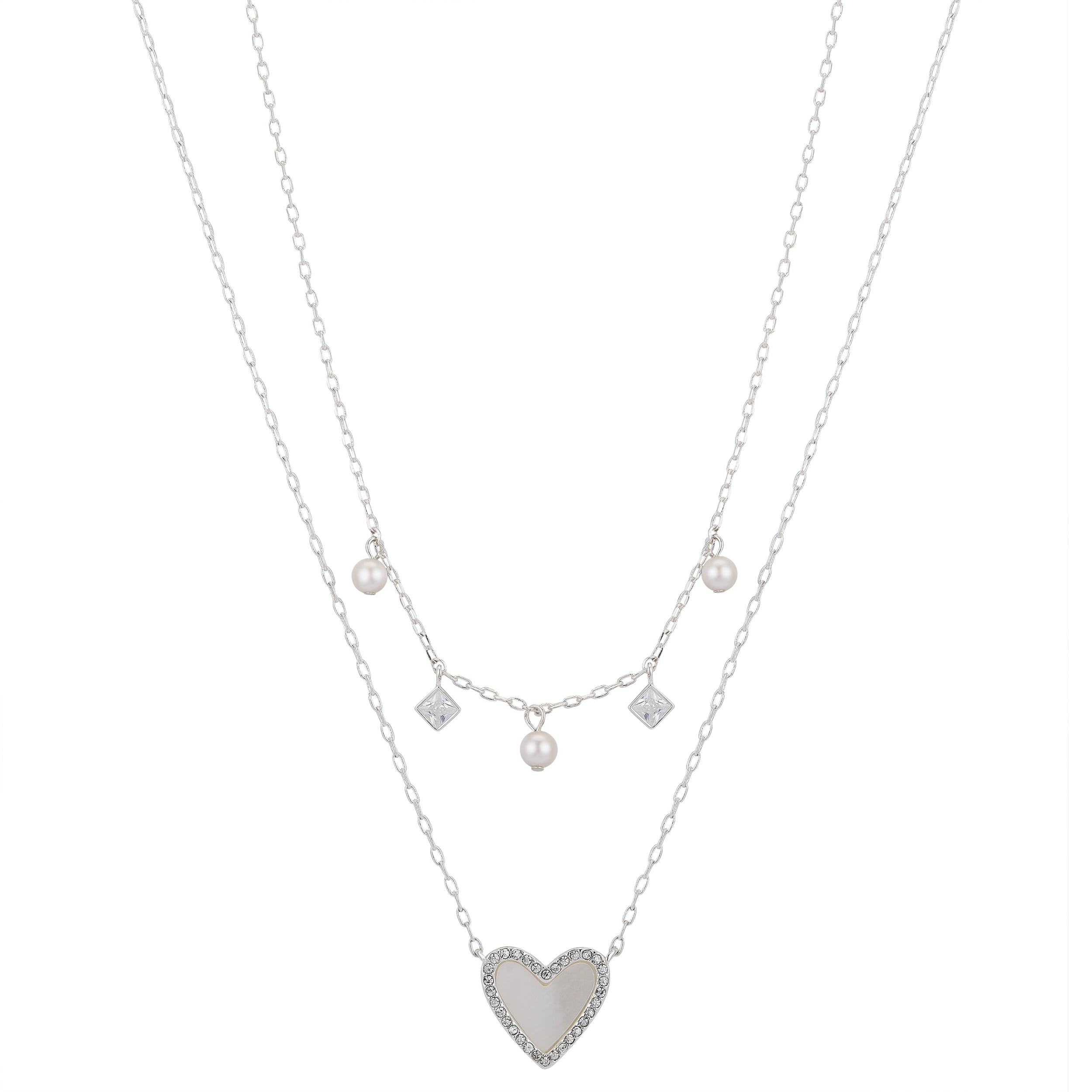 Fine Silve Plated Cubic Zirconia Mother of Pearl Heart Layered Pendant Set, 16+2' & 18+2'
