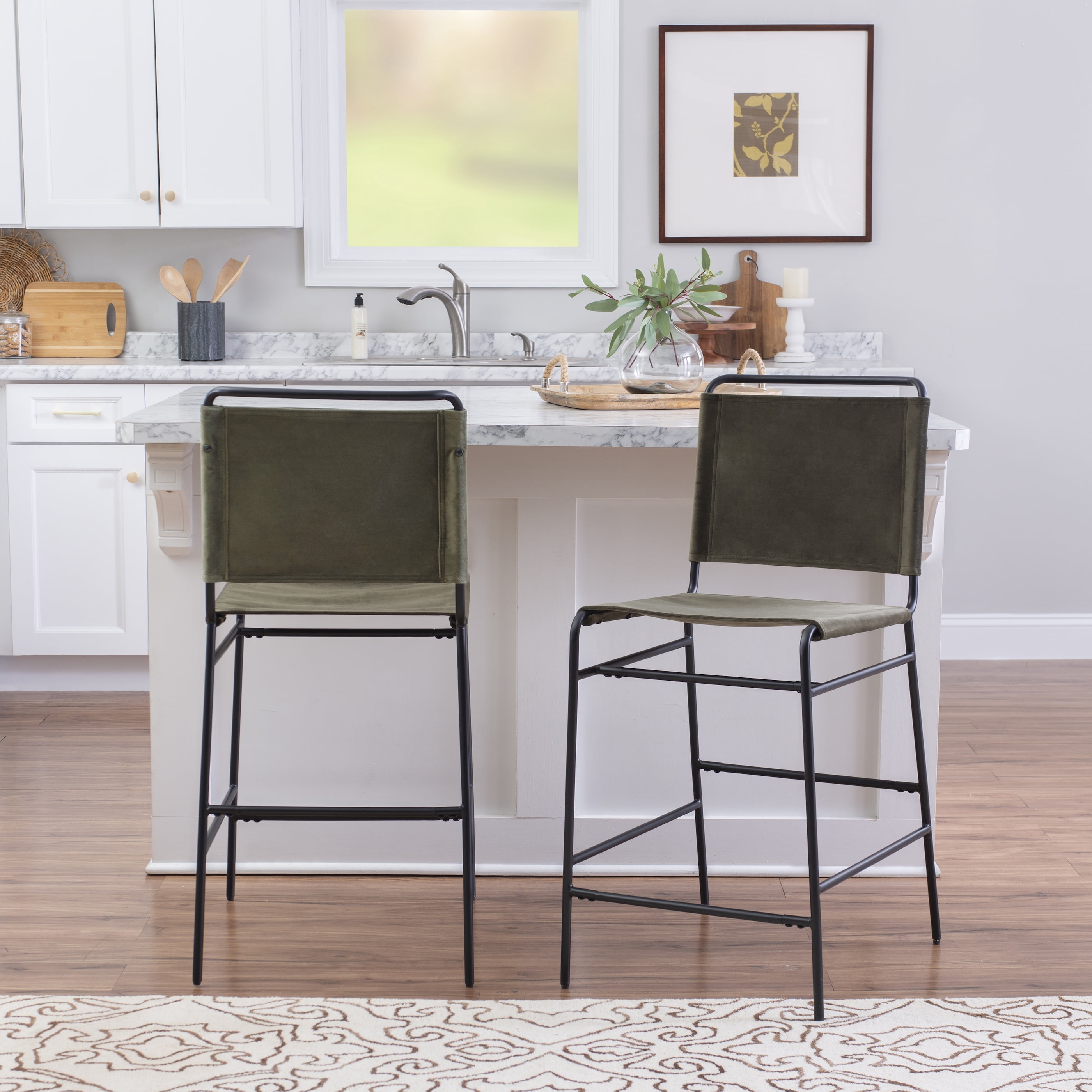 Linon Willey Counter Stool Forest Green Velvet Sling Seat Steel Frame in Black