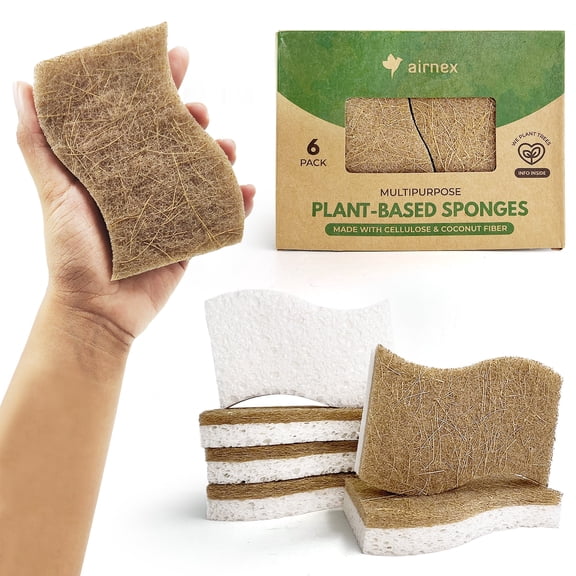 AIRNEX Natural Sponges for Dishes, 6 Pack, Coconut and Cellulose