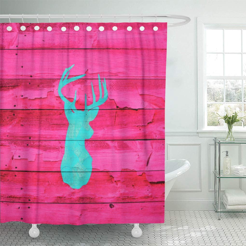 Cynlon Girly Hipster Teal Blue Deer Head Hot Pink Wood Bathroom Decor Bath Shower Curtain 66x72 Inch Walmart Com Walmart Com