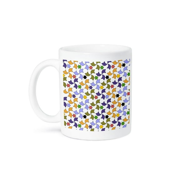 3dRose, Yellow Purple and Green Spanish Alhambra Geometric Mosaic Pattern on White - Windmills and Stars, 11oz Mug