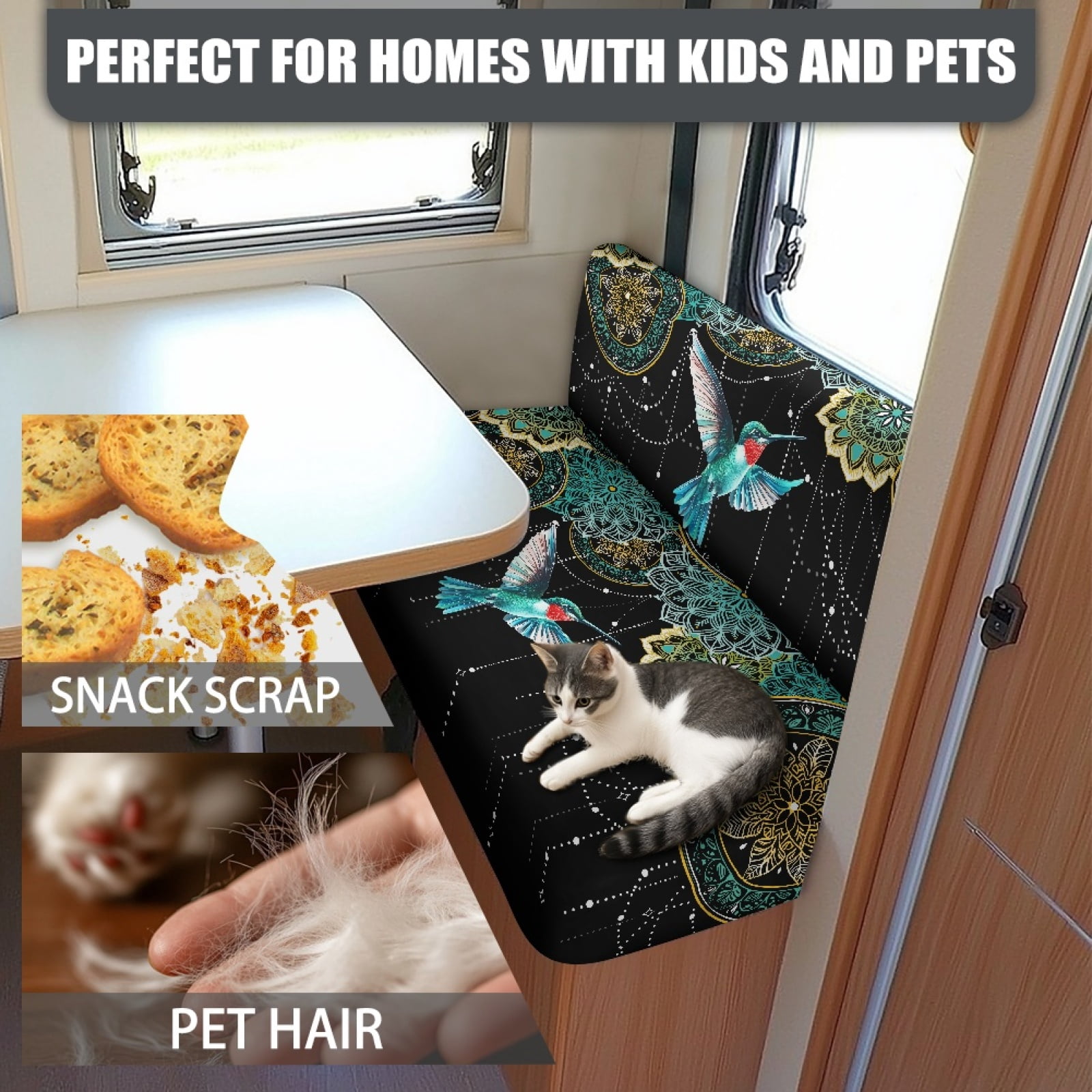 FOR U DESIGNS Boho Mandala Hummingbird Pattern 2 Pcs RV Dinette Cushion Covers Breathable Camper Cushion Slipcover Stretch 2 Seat Sofa Chair Cover Camper Seat Covers Dinette Booth