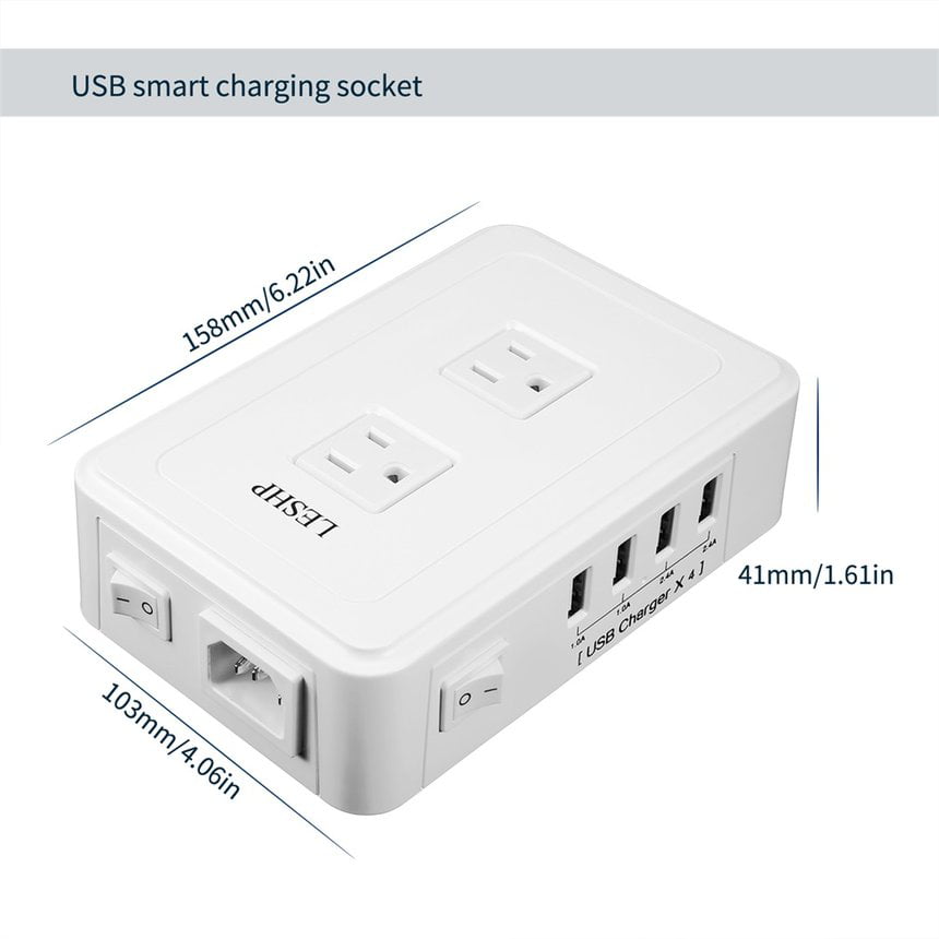 LESHP 4 USB Charging Ports 2 Outlets Surge Protector Power Strip Sockets 2500W 
