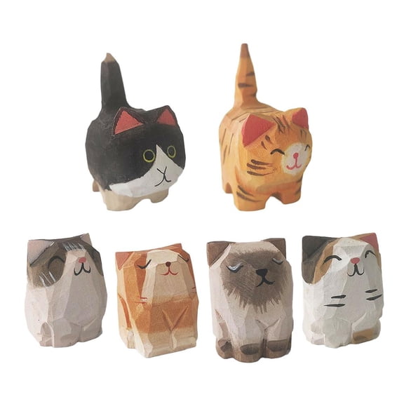 Wooden Carved Cat Figurine Handmade Woodcarving Art Kitten Statue Small Animal Sculpture Home Office Desktop Decoration Ornament
