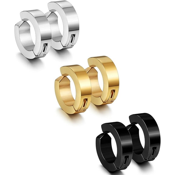 3 Pairs Stainless Steel Mens Womens Clip On Earrings Hoop Huggie Non-Piercing gold silver black