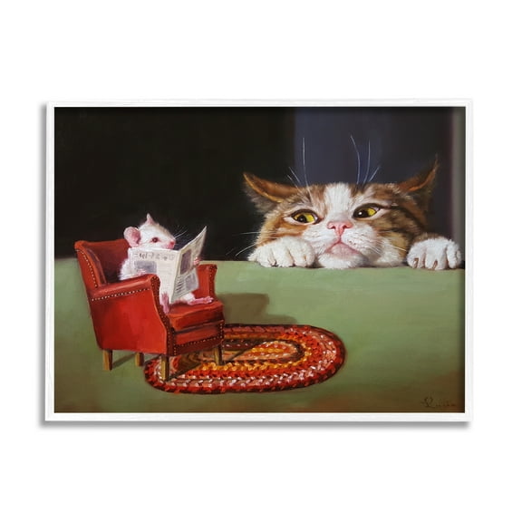 Stupell Industries Manx Cat Watching Mouse Animals & Insects Painting White Framed Art Print Wall Art, 30 x 24