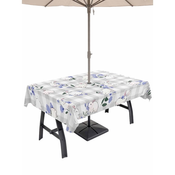Outdoor Tablecloth with Umbrella Hole and Zipper, Easter Bunny Rectangle Table Cloth 54x80 Inch Waterproof Tablecloth, Spring Purple Flower Rustic Farmhouse Grey Plaid Picnic Table Cover for Patio