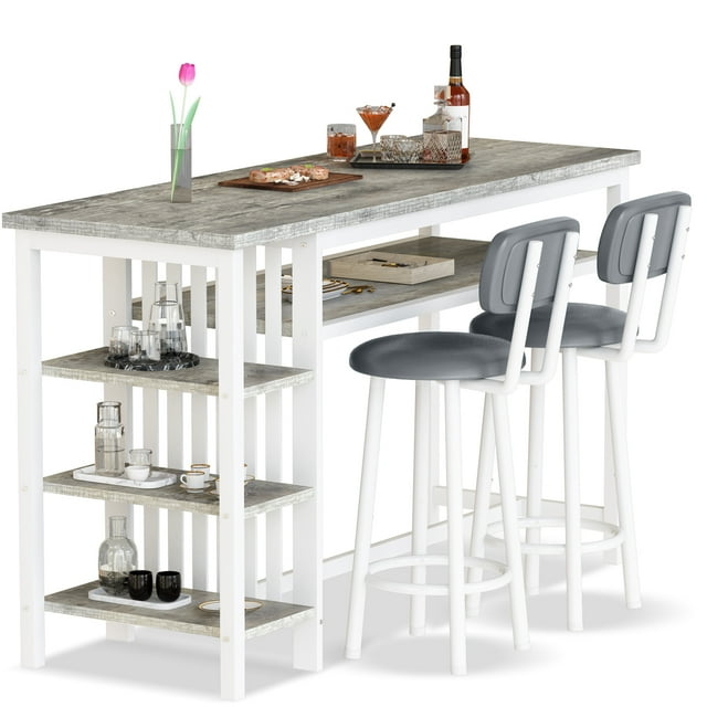 Furlinkhm Bar Dining Table Set for 2, 3 Piece Bar Table and Chairs Set, Kitchen Counter Height Dining Table Set, Small Kitchen Bar Table with Storage, Breakfast Nook Set for Small Space, Light Grey