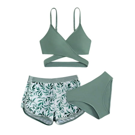 3 PCS Swimsuit For Teen Girls Girls Print 3 Piece Swimsuits Bikini Sets with Boyshorts Tankini Bathing Suit 11-17 Years Racerback Casual