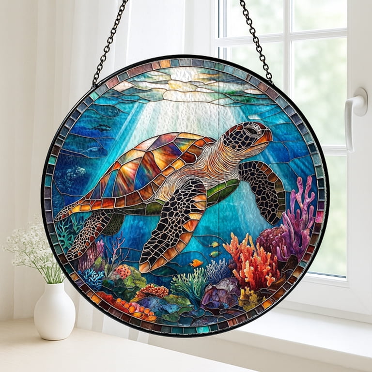 Ocean Sea Turtle Stained Glass Window Hanging – Nautical Art
