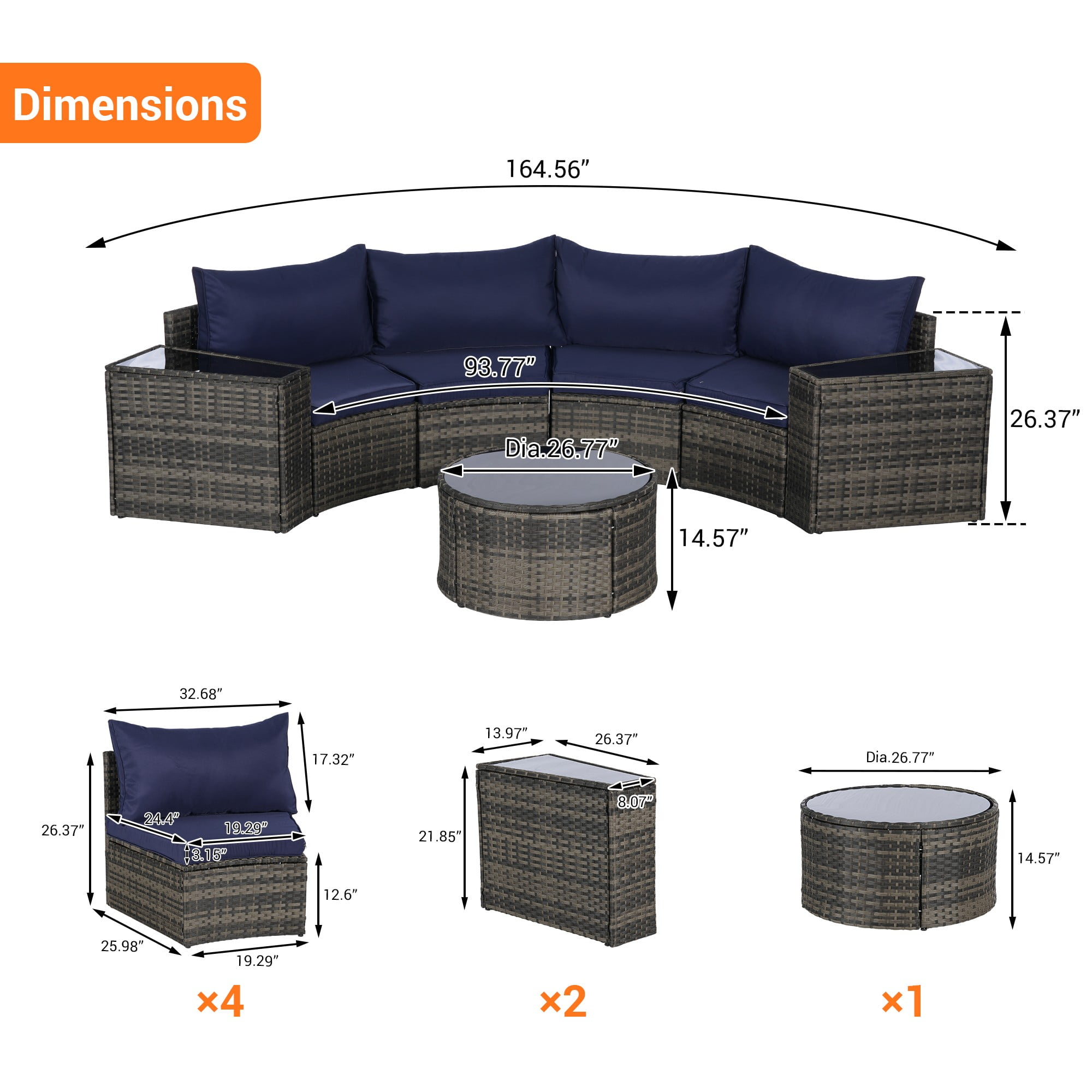 7-Piece Outdoor Patio Furniture Half-Moon Sectional Round Patio Furniture Set Sofa with Tempered Glass Round Coffee Table (Dark Blue)