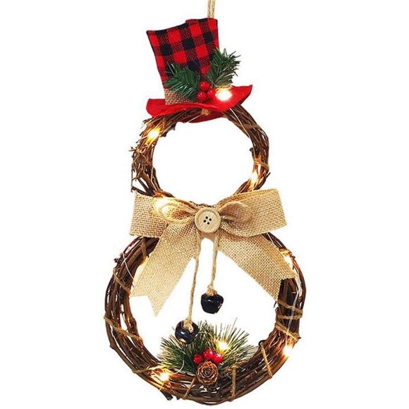 Couronne de Noel Porte Decoration Pendentif Exterieur Deco Noel Guirlande de Sapin Decoration pour Votre Porte, Mur Ou Fenêtre, Cheminée Murale, Rotin+Lampe LED+Toile de Jute (A)