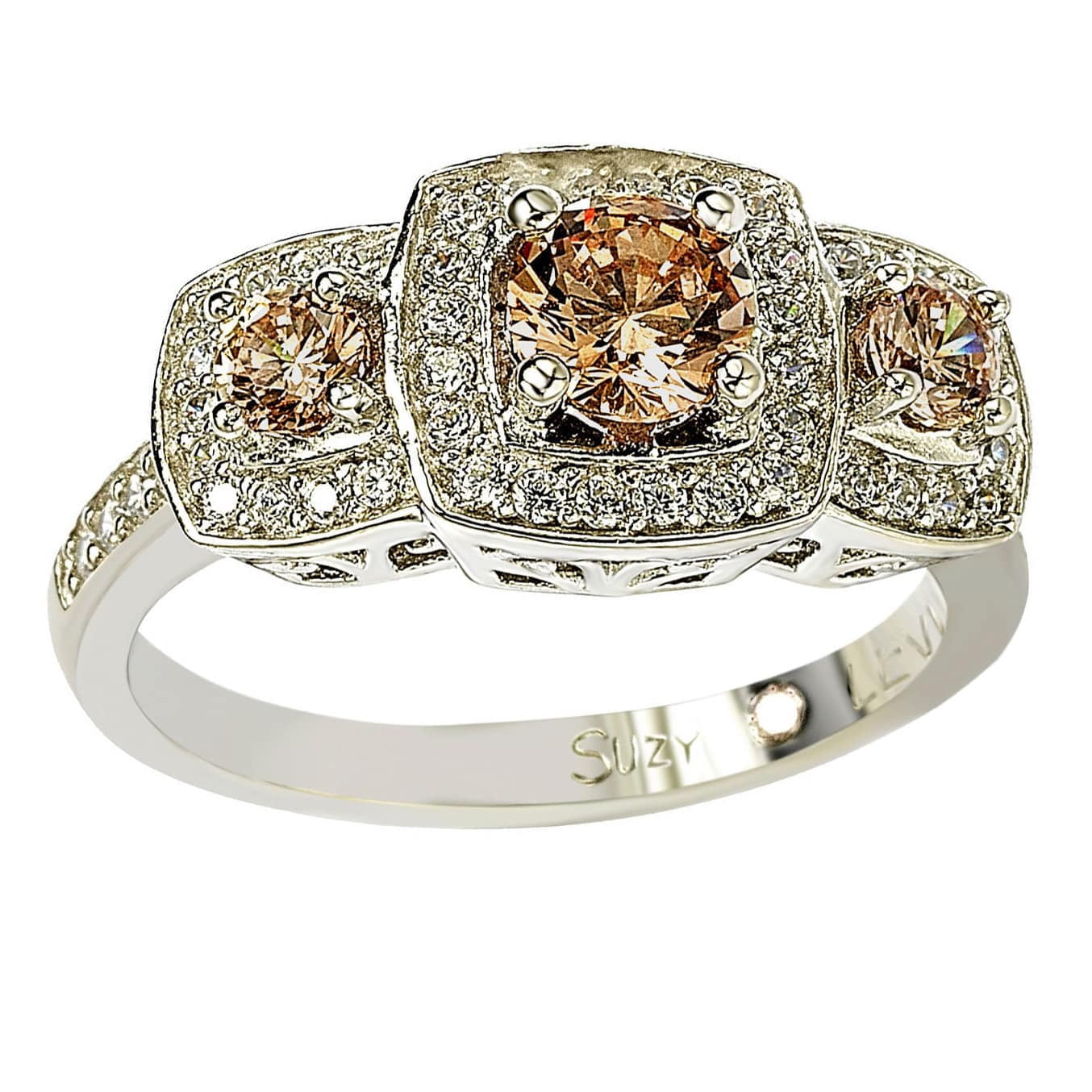 SL Collection Sterling Silver Cubic Zirconia Brown Three Stones Halo Ring