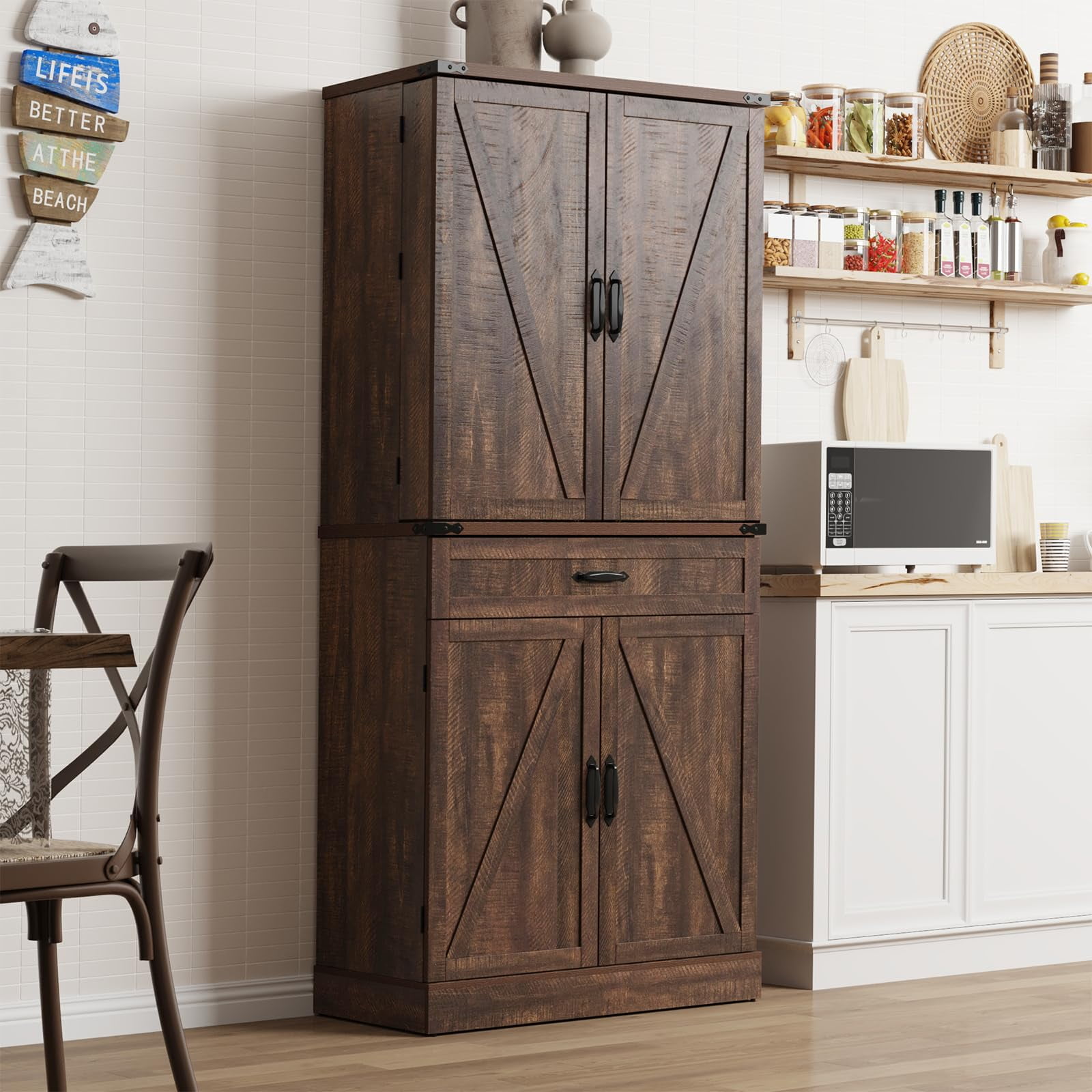 71" Tall Farmhouse Kitchen Pantry Cabinet with 6 Side Shelves & 3 Storage Drawer, Multifunctional Pantry Organizer with Adjustable Shelves & Load-Bearing Steel Pipe for Kitchen,Living Room, Brown