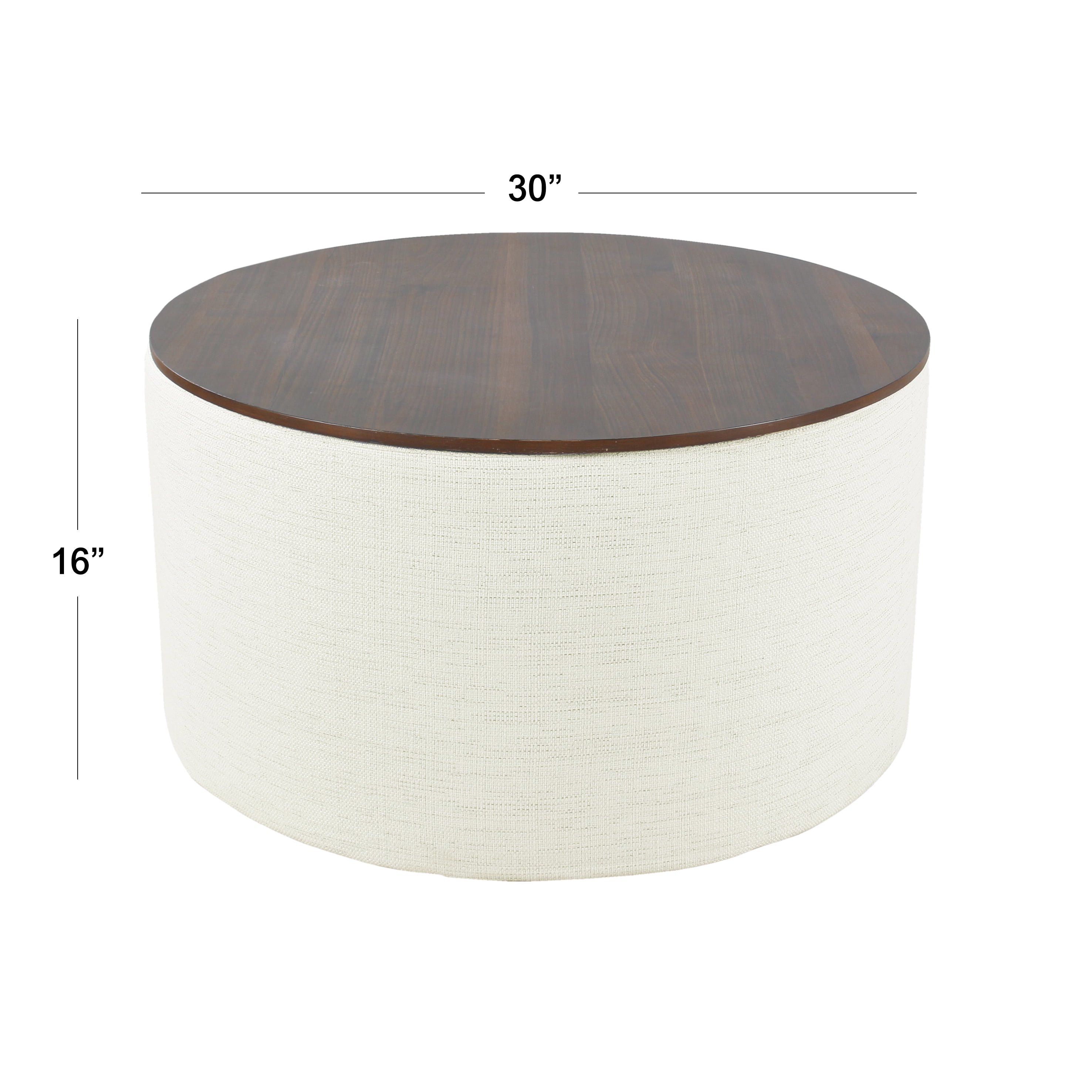 HomePop Large Modern Round Storage Ottoman with Wood Lift-Top Lid, Cream/Dark Walnut