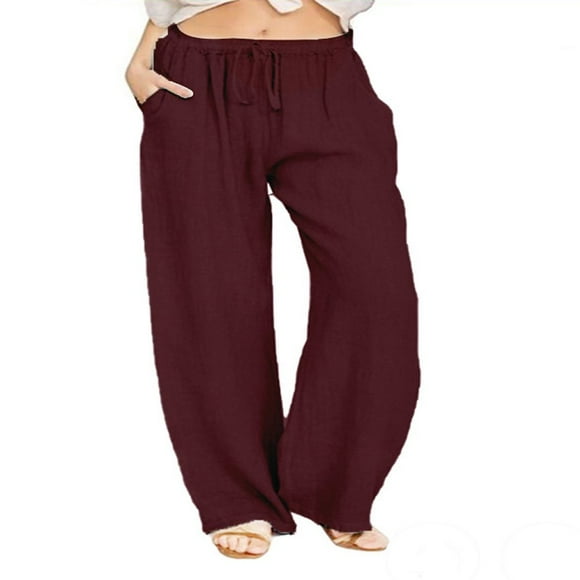 QJUHUNG Pantalon Palazzo Décontracté en Lin pour Femmes Taille Haute à Cordon Pantalon Ample avec Poche
