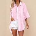 thumbnail image 2 of Kaprioy Womens Casual V Neck 3/4 Sleeve Button Down Shirts High Low Early Fall Fashion Blouse Tops For Women Trendy Oversize Elegant Loose Fit Shirt Long Blouse Casual Tunic Beach Bikini Cover Up, 2 of 4
