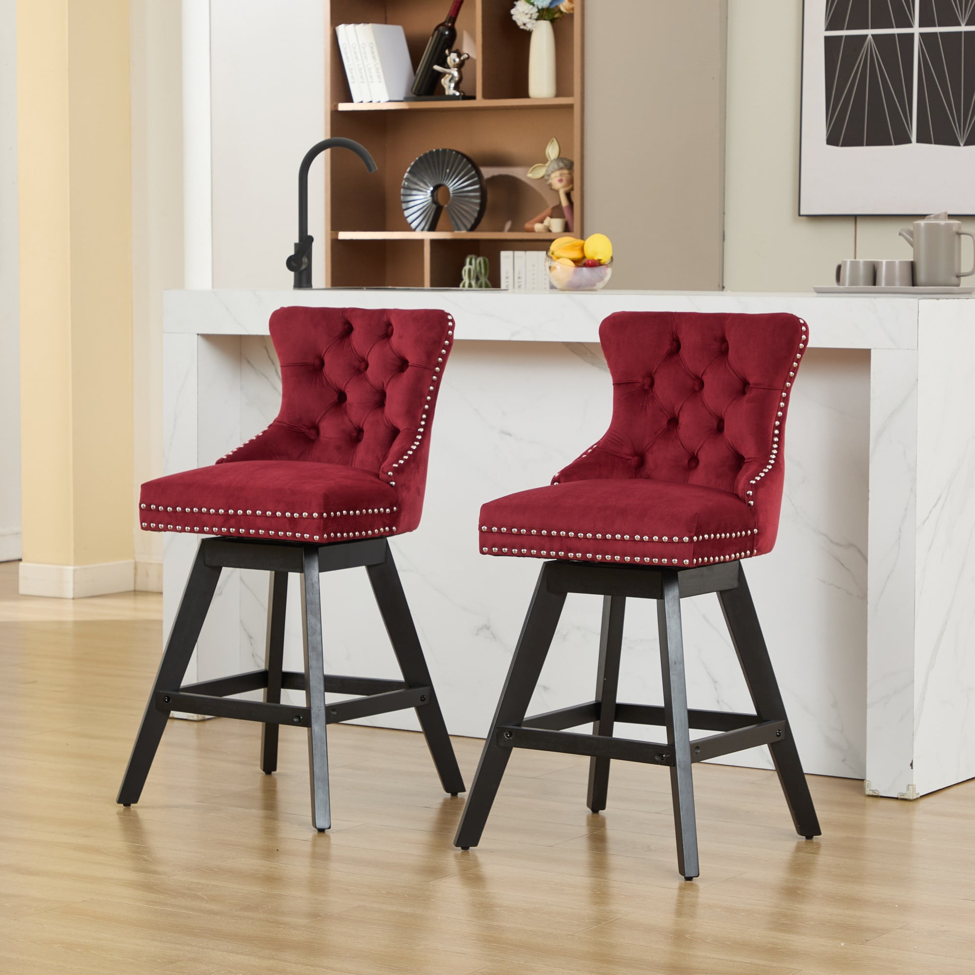 Swivel Bar Stools Set of 2, Velvet Counter Height Bar Stools with Back, Swivel Dining Chair with Button Tufted and Wooden Legs, Kitchen Chair Counter Stools for Kitchen Island Kitchen Counter, Red