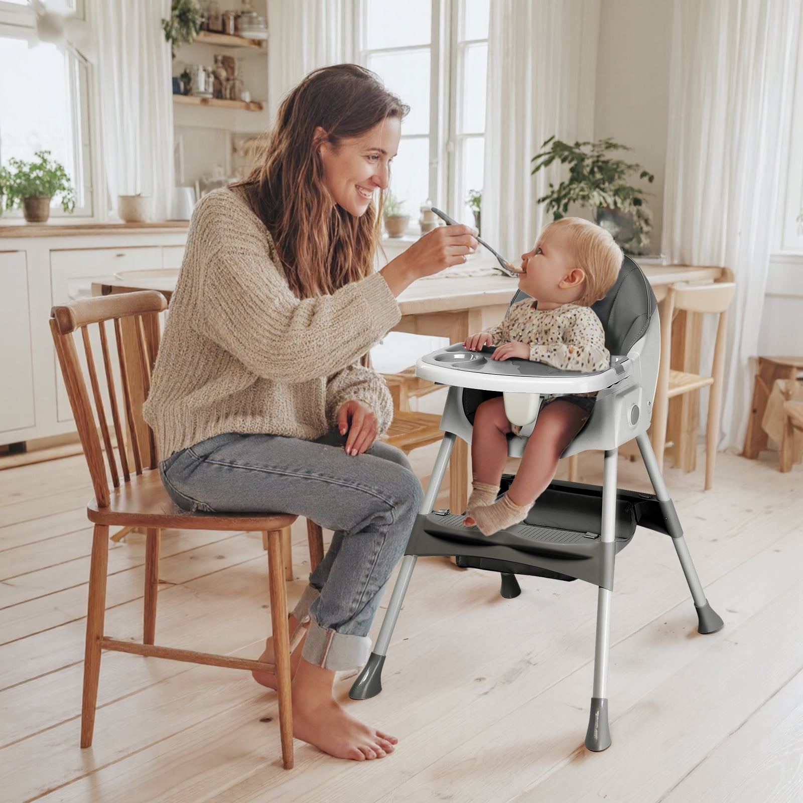 Ktaxon Baby High Chair, Convertible 6 in 1 High Chairs for Babies and Toddlers, Foldable Baby Highchair with 5-Point Safety Harness, Adjustable Dining Tray, Backrest & Height, Gray