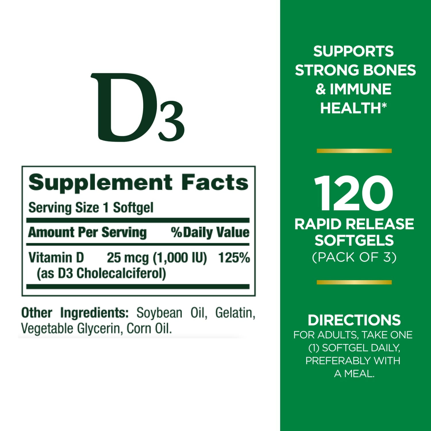 (3 pack) Nature's Bounty Vitamin D3 1000 IU Softgels, Bone & Immune Support, 120 Ct