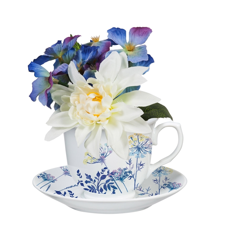 Blue and White floral arrangement in Tea Cup with Saucer