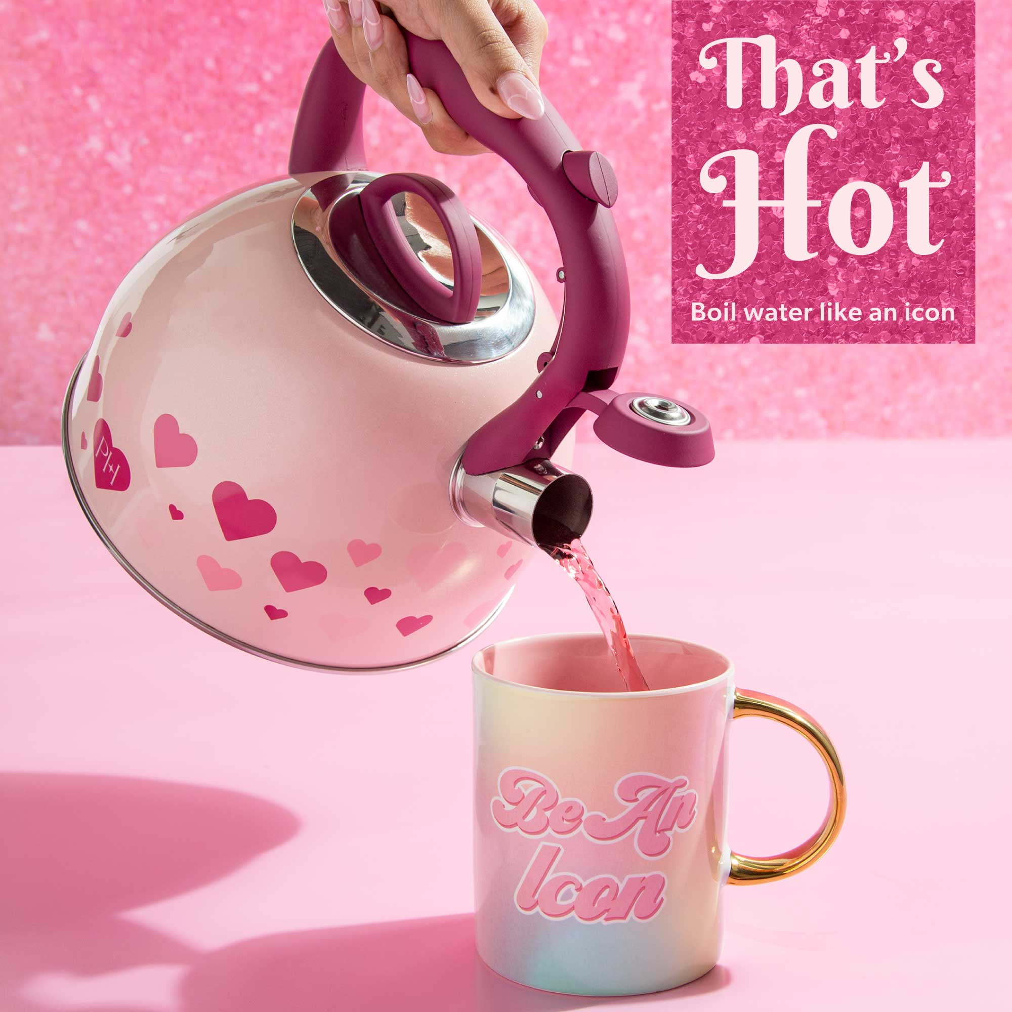 Paris Hilton Whistling Tea Kettle Stainless Steel, Shimmering Finish with Heart Decal, 2.2-Quart, Pink