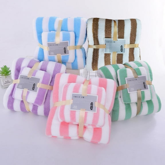 Coral Fleece Towel Set Cozival Thick Coral Fleece Towel Set - Wide-Stripe Mother-Child Bath Towel Collection, Highly Absorbent Fitness & Bathroom Towels, Mother Child Bath Towels, Blue