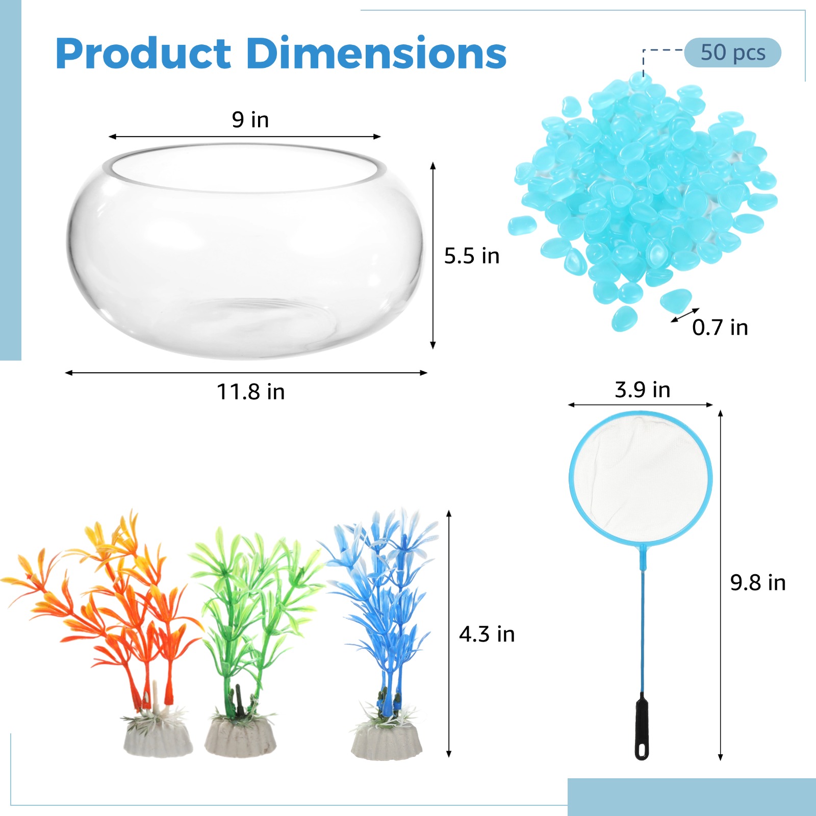 Glass Fish Bowl with Luminous Pebbles, Artificial Plants, and Net, Large Round Desktop Fishbowl, Transparent Decorative Aquarium Kit for Home Office Decor