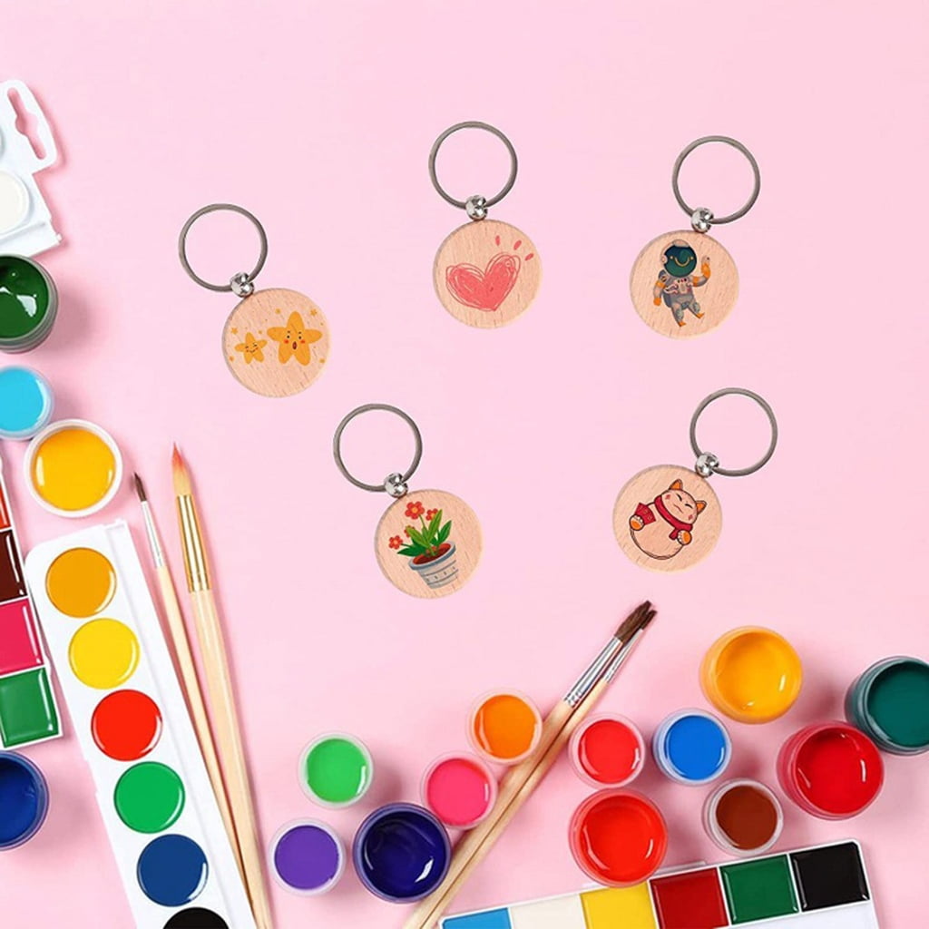Oasiva 50Pcs Blank Wooden Keychain Set, Unfinished Wood Pieces with Key Rings Wood Key Ring Key Tags DIY Supplies for Craft