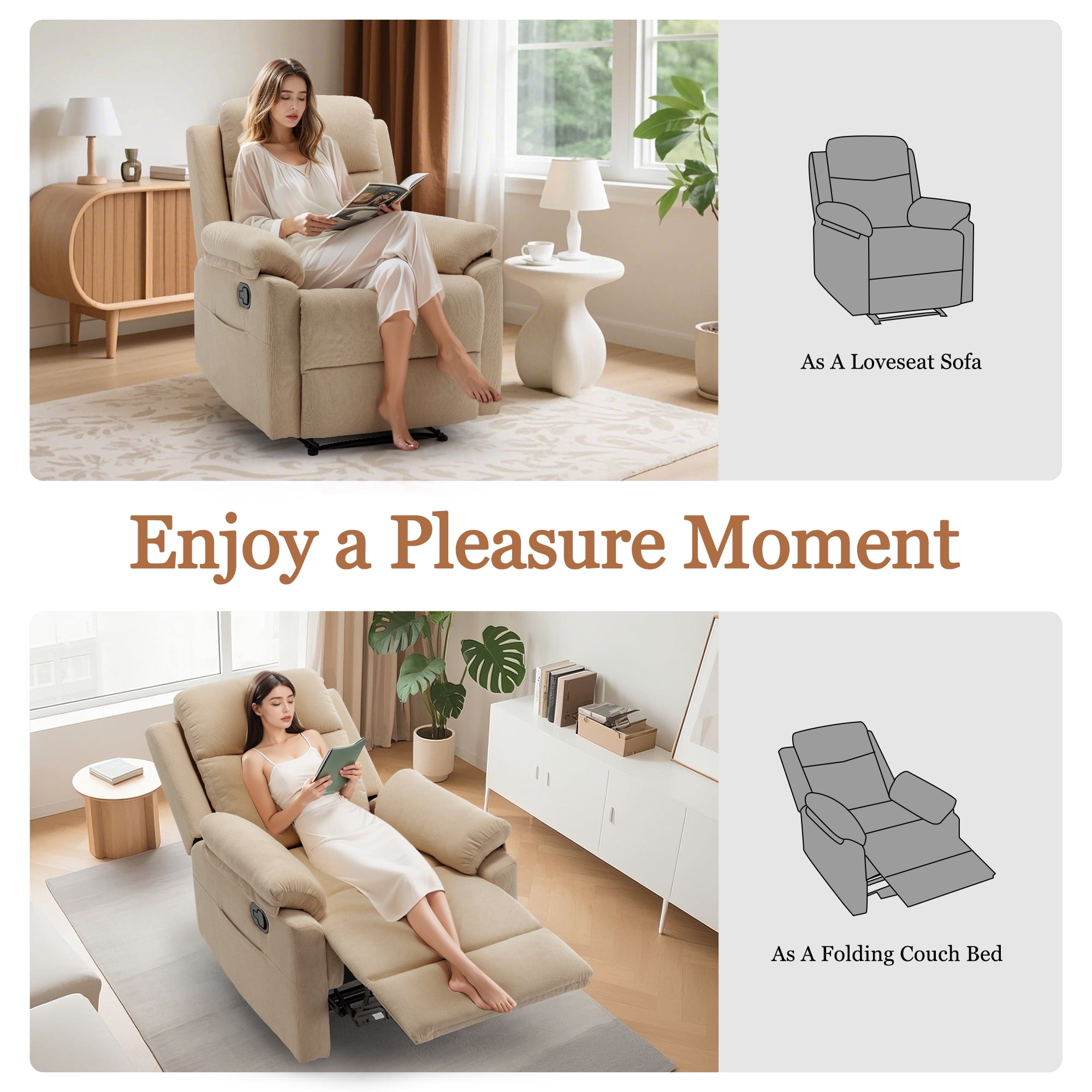 Korser Manual Small Recliner Chair for Small Spaces for Living Room,Corduroy,Khaki