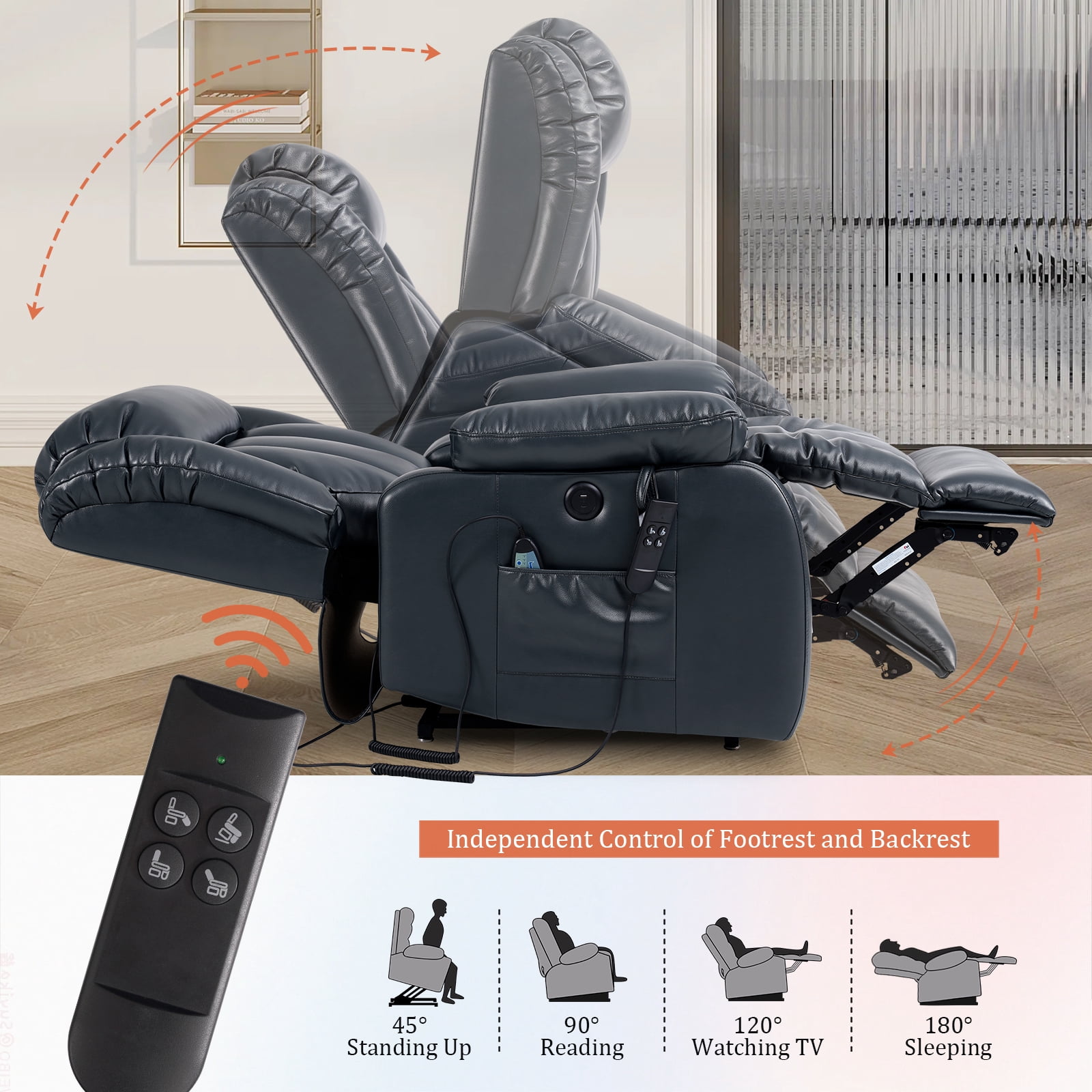 TEKAMON Infinite Position Lift Recliner Chair for Elderly with Heat and Massage Lay Flat Sleeping Leather Dual Motor Power Lift Chair for Living Room (Blue)