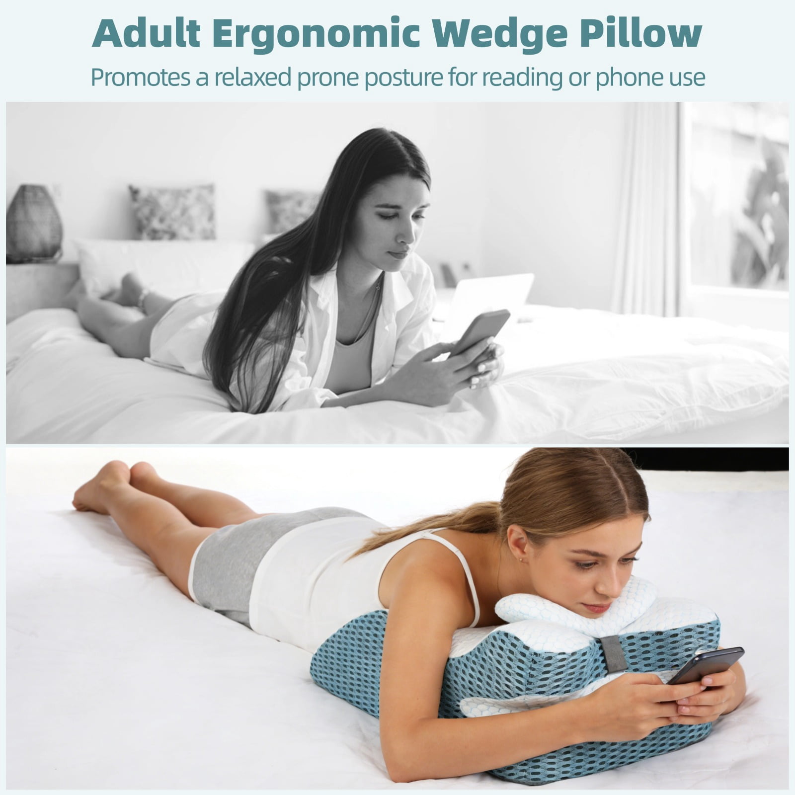 Adult Ergonomic Memory Foam Bed Triangle Wedge Pillow Headboard for Sitting up Back Neck Pain Relief with Face Down Massage Prone Pillow Function for Reading