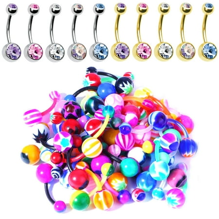 BodyJ4You 60PC Belly Button Ring Set 14G Mix CZ Bioflex Bar Acrylic Banana Body Piercing