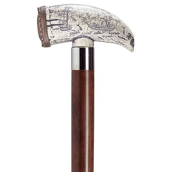Walking Cane Scrimshaw Embossed Whale Tooth "T" Shaped Handle Cane Walnut Shaft
