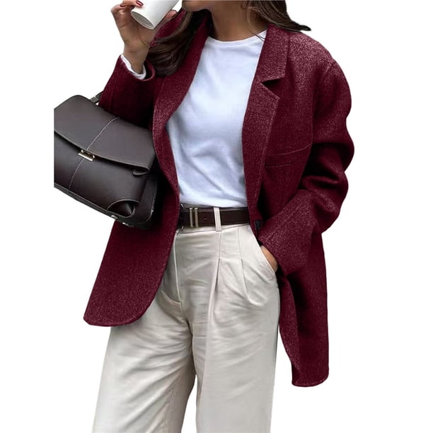 Blazer para Mujer, Informal, de Negocios, de Larga, con Solapa y Abertura Frontal, para Trabajo y con Bolsillos. Vino Tinto XL