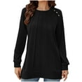 thumbnail image 5 of Ahdbta Women's Sweatshirts Long Sleeve Crewneck Pleated Front Pullover Tops Solid Color Button Decor Trendy Side Split Tops, 5 of 8