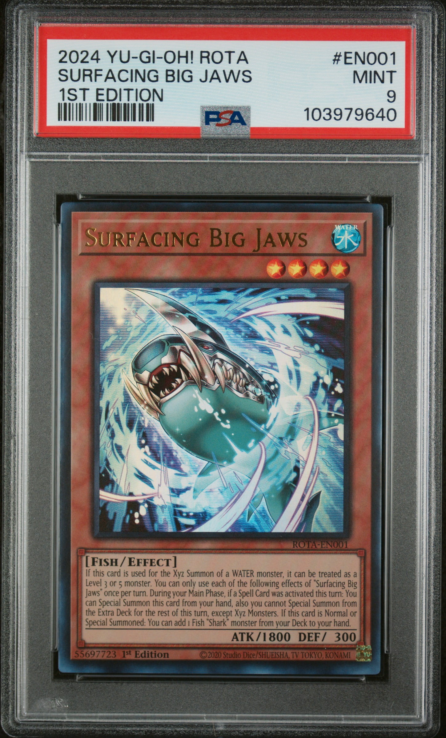 Yu Gi Oh! TCG, PSA Graded 9 MINT, Surfacing Big Jaws 1St Edition #EN001, Rota Rage Of The Abyss, Fully Encapsulated Bundle with Compatible Yu Gi Oh! Hard Sealed Case