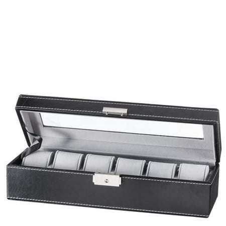 GGI International Watches Box Black Leather Display Glass Top Jewelry Case Organizer (Black, 6)