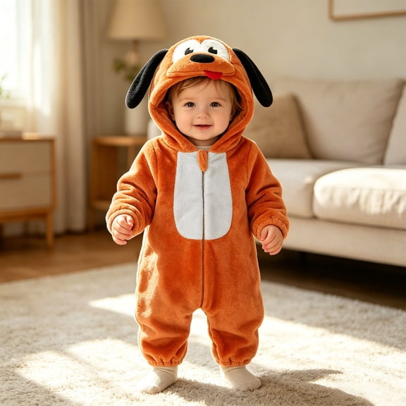 FASHOFT Baby Boy Halloween Outfit Winter Flannel Cute Puppy Dog Animal Onesie Cosplay Jumpsuit Loungewear For Kids Home Wear Halloween Yellow 19-24 Months