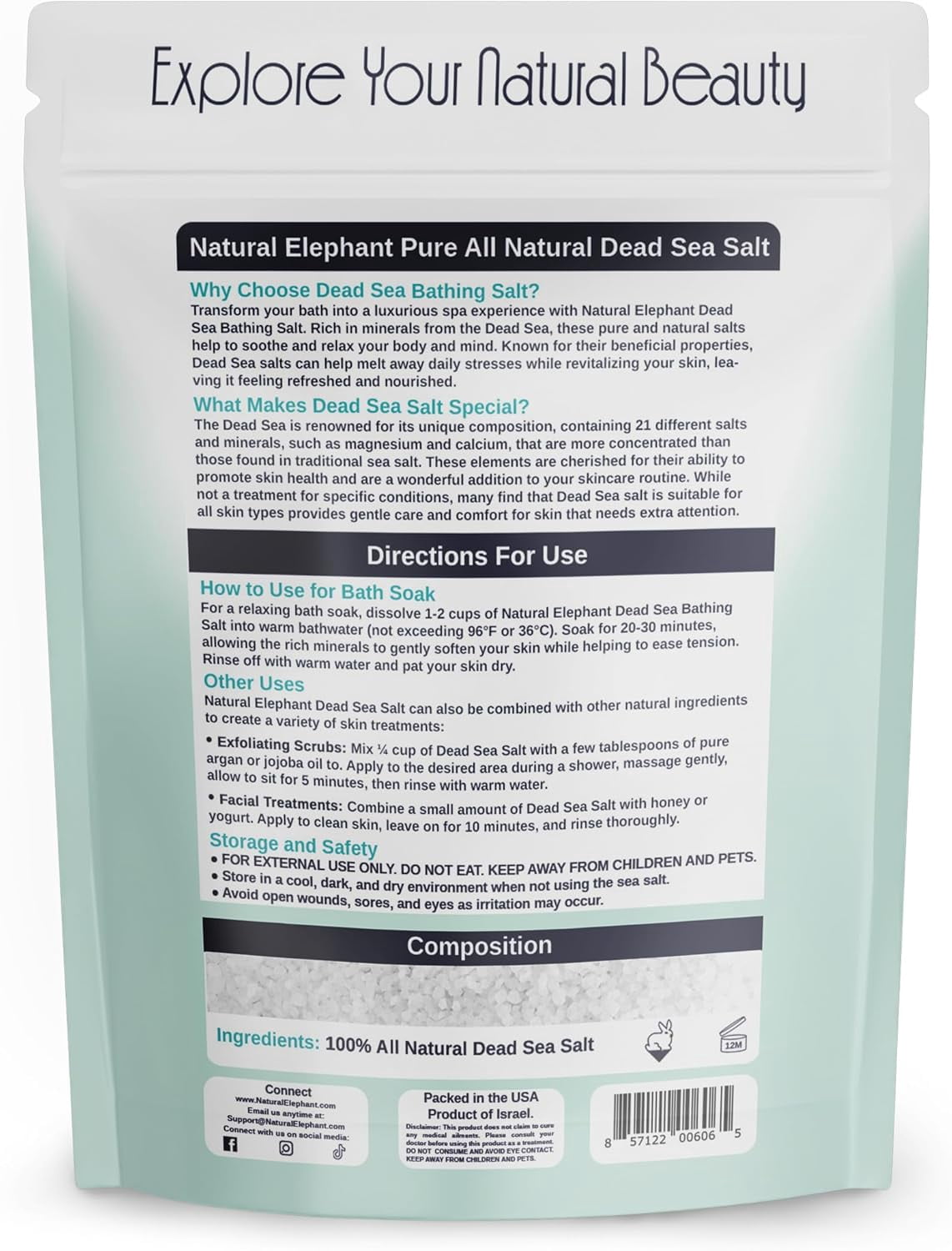 Natural Elephant Dead Sea Bath Salt | 10 Pound Bag (160oz) | 100% Natural and Pure| Coarse Grain | Ideal for Baths and Soaks