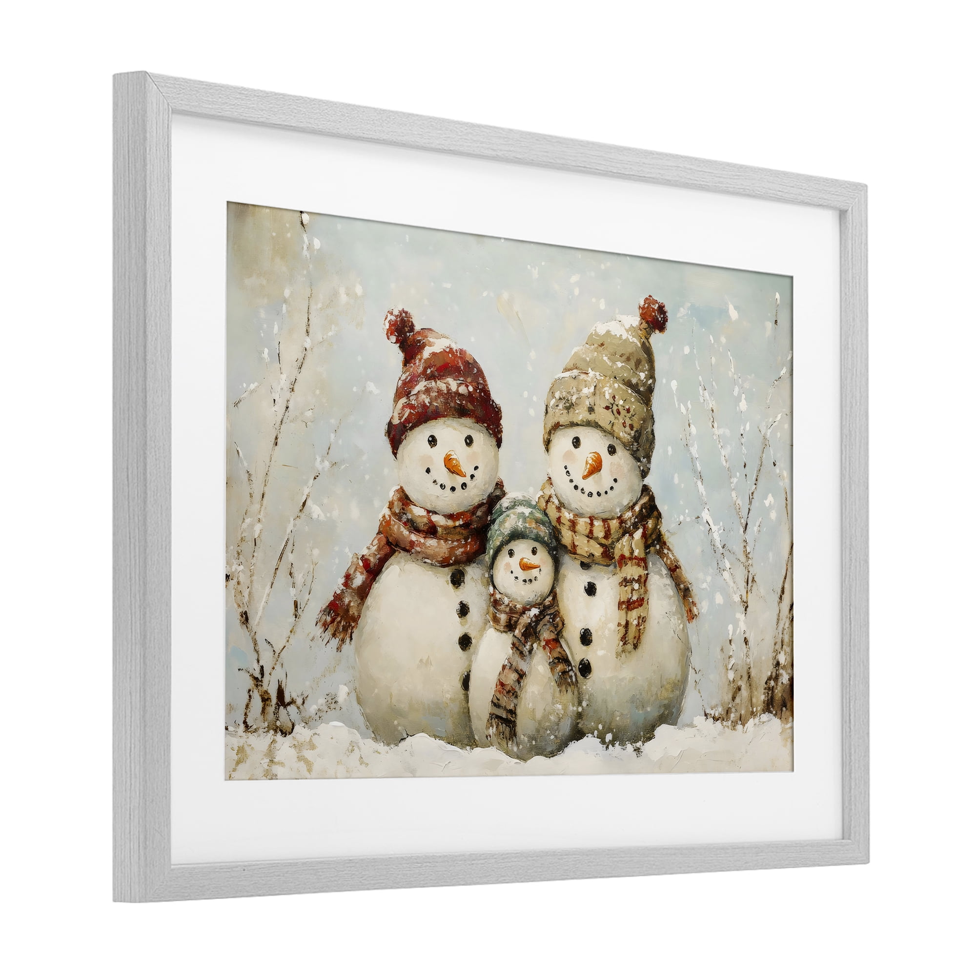 Snowman Family Of Three Gray Framed Print Under Glass, design by Petal Prints Design