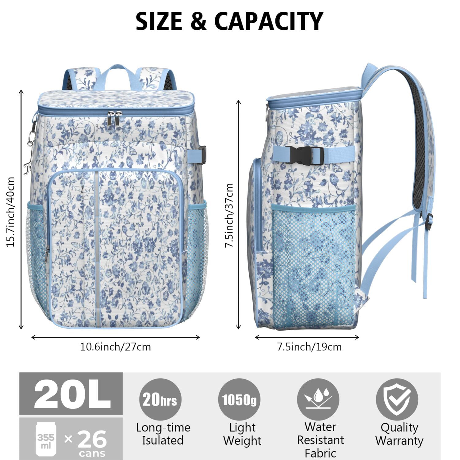Travel Cooler Bag - Pioneer Flower Floral Print Pattern Camping Beer Cooler Backpack with Bottle Opener- Waterproof Insulated Picnic Backpacks - Cooler Bag for Beach