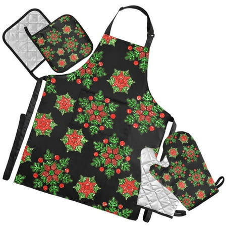 Ryvnso Green Snowflakes Kitchen Apron Oven Mitts Set Pot Holders