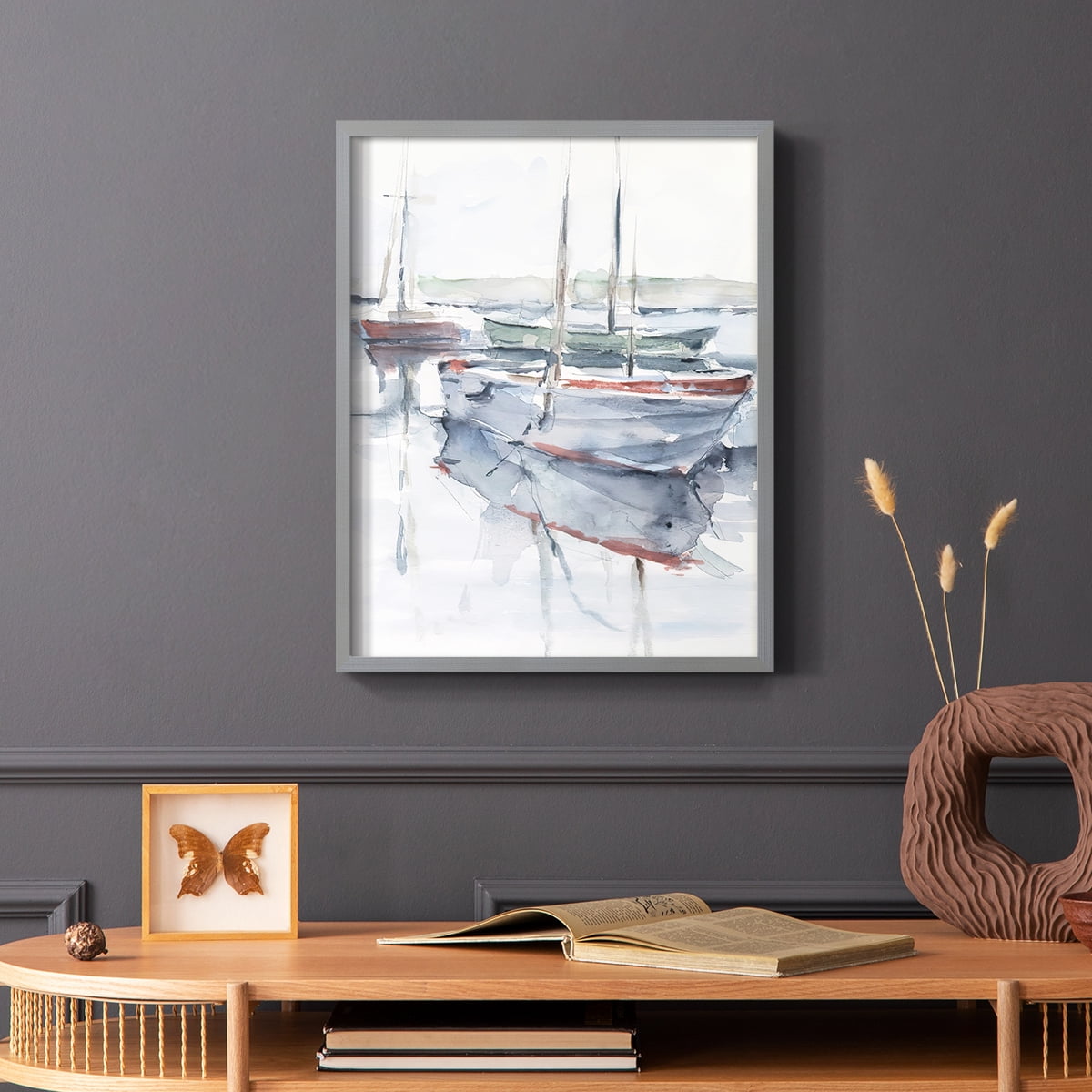 Watercolor Harbor Study I Framed Print in Gray Solid Wood 22 x 28 Framed Print